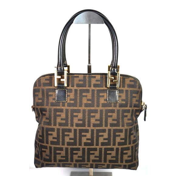 Vintage Fendi Zucca Canvas FF Metal Fittings Handbag Black/Brown FREE COA